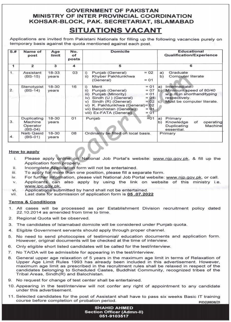 Ministry of Inter Provincial Coordination Jobs 2022 