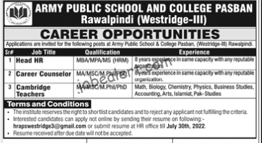 Jobs in Army Public School and College Advertisement