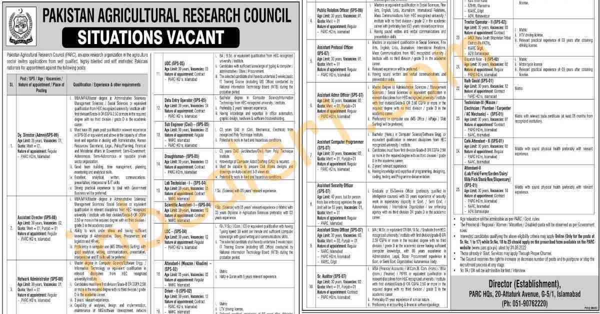 Pakistan Agricultural Research Council Jobs 2022