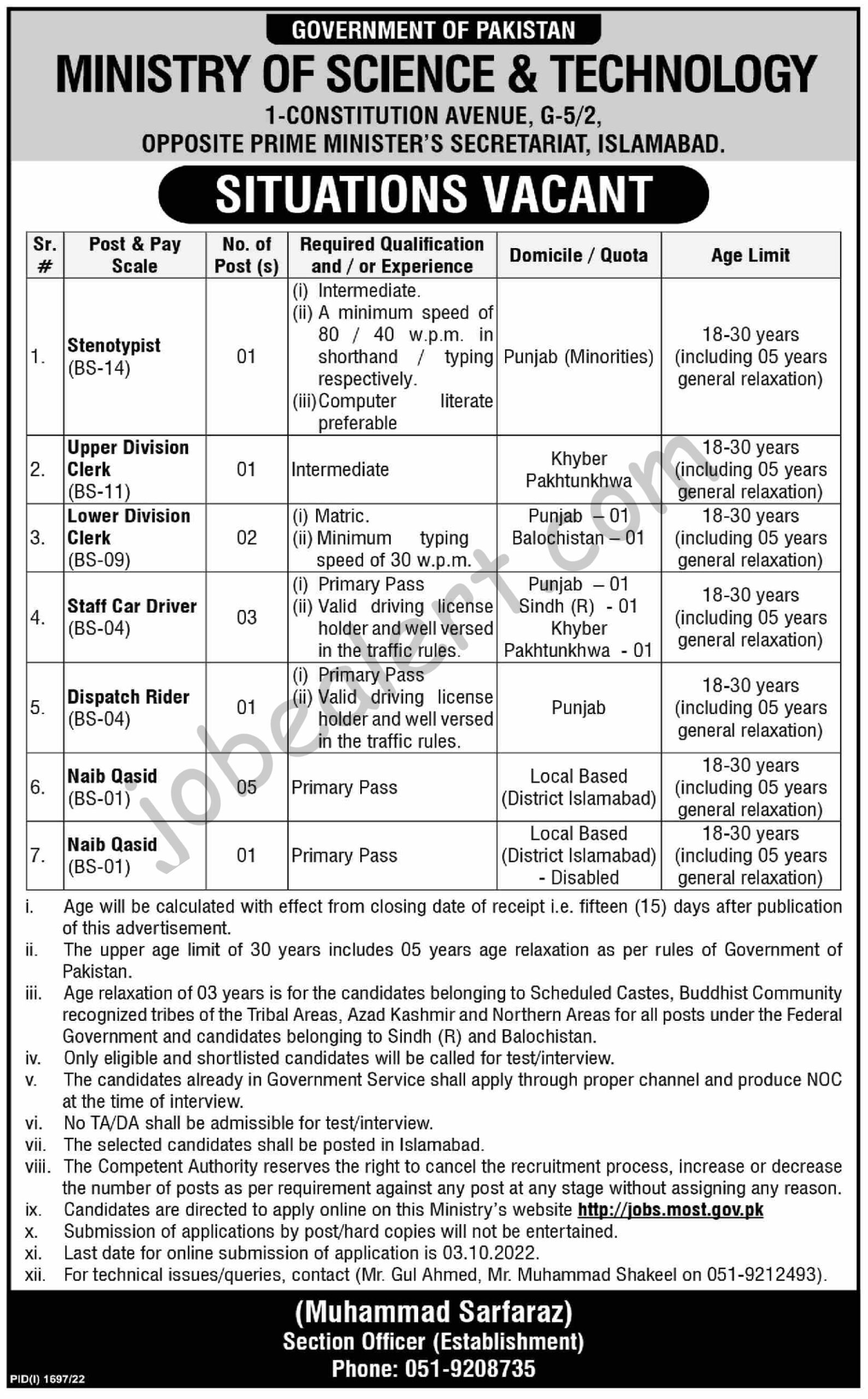 Ministry of Science and Technology Jobs 2022 Advertisement