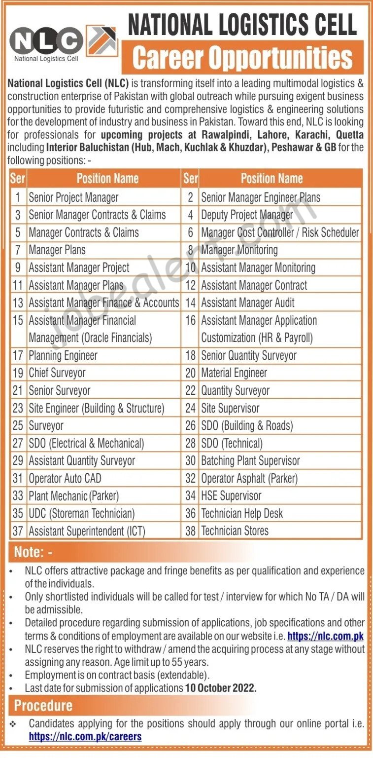 National Logistic Cell NLC Jobs 2022 Latest Advertisement