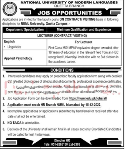 NUML Quetta Campus Jobs 2022